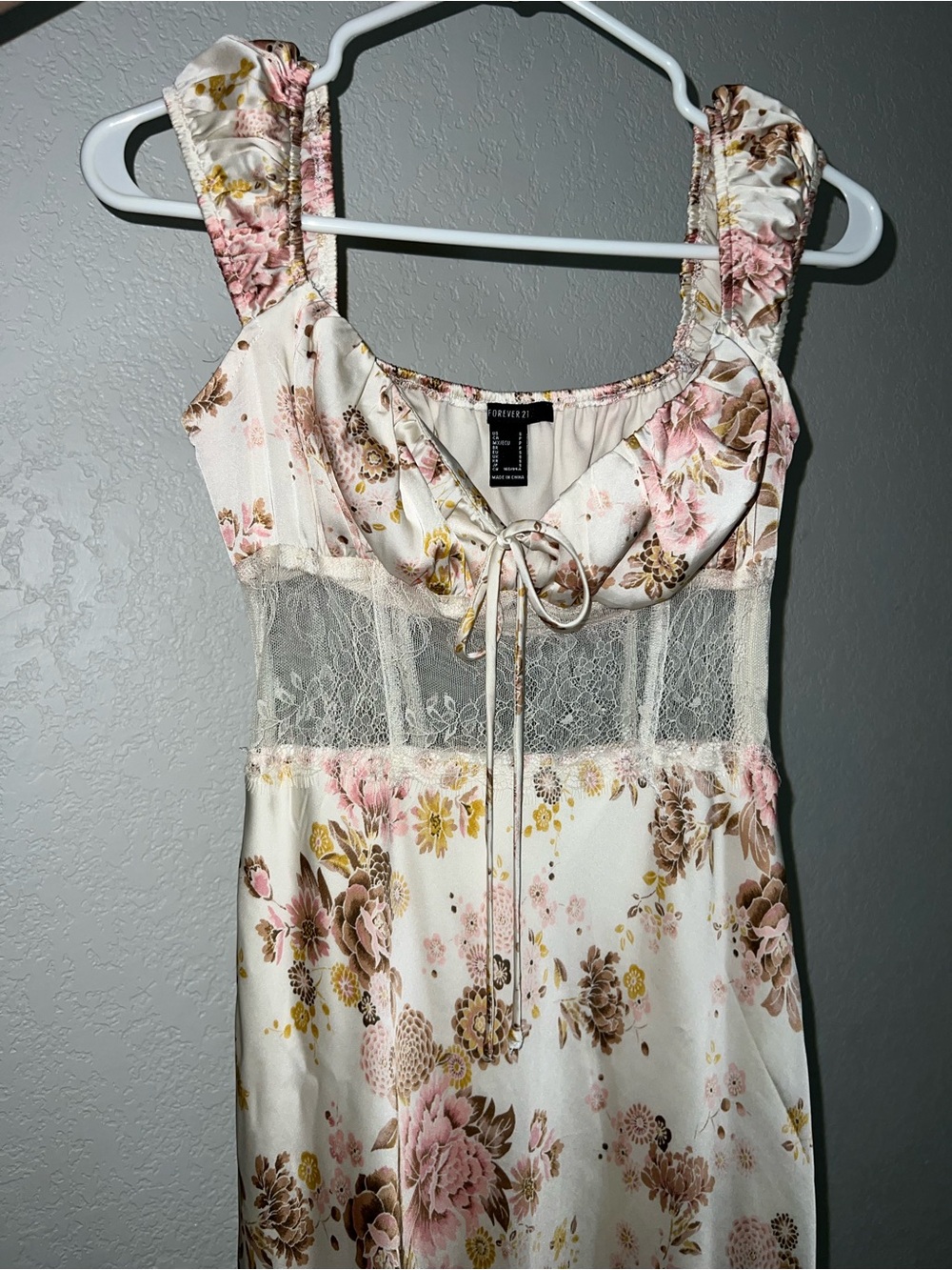 Forever 21 Cream Floral Lace-Panel Slip Dress with Pink Accents